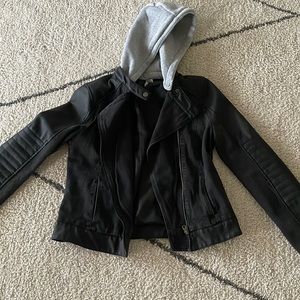 Black leather jacket with grey hood that you take off and on